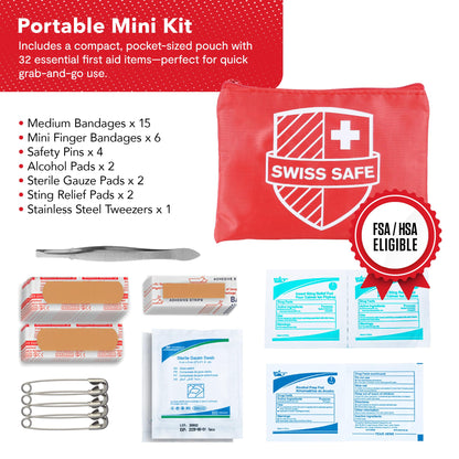 Swiss Safe 2-in-1 First Aid Kit for Car, Travel & Home, Businesses - Bonus Mini Kit for Medical Emergency Aid, Survival, Camping - FSA & HSA Eligible - 348 Pcs, Large Hardcase FAK