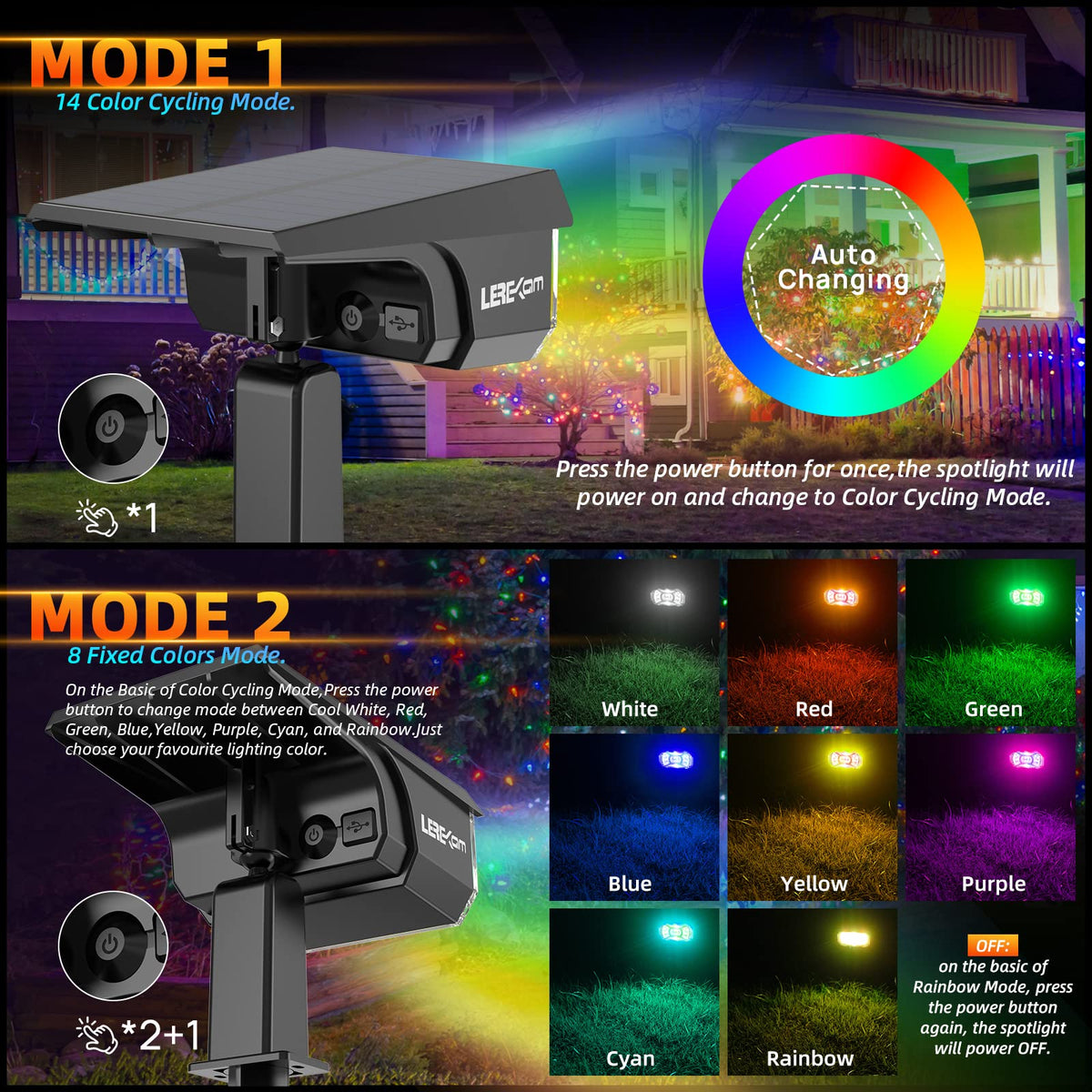 LEREKAM Solar Outdoor,40 LEDs Color Changing RGB Solar Landscape Path Lights,USB & Solar Powered Multicoloured Spotlights,14 Colors Auto Cycling Spotlights for Yard,Garden,2 Pack