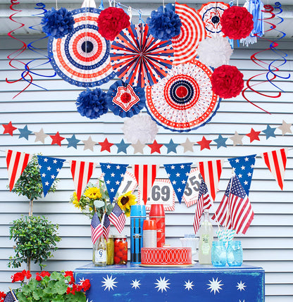 29PCS 4th/Fourth of July Patriotic Decorations Set - Red White Blue Paper Fans,USA Flag Pennant,Star Streamer,Pom Poms,Hanging Swirls Party Decor Supplies