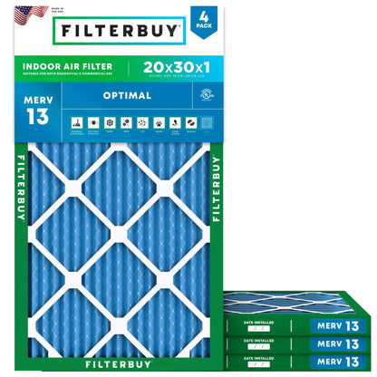 Filterbuy 20x30x1 Air Filter MERV 13 Optimal Defense (4-Pack), Pleated HVAC AC Furnace Air Filters Replacement (Actual Size: 19.63 x 29.63 x 0.75 Inches)