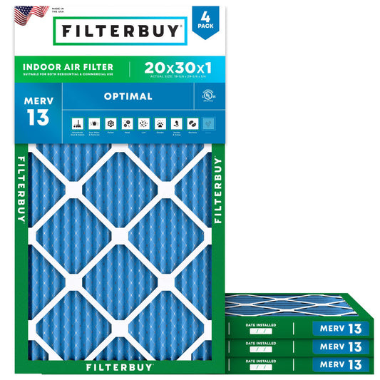 Filterbuy 20x30x1 Air Filter MERV 13 Optimal Defense (4-Pack), Pleated HVAC AC Furnace Air Filters Replacement (Actual Size: 19.63 x 29.63 x 0.75 Inches)