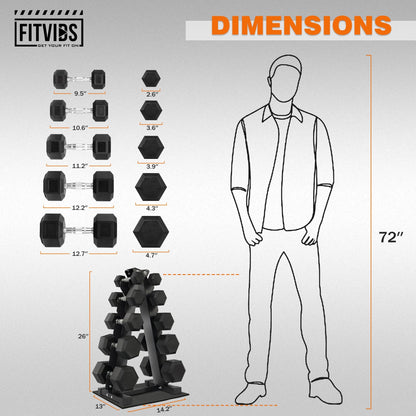 Fitvids Dumbbell Set with Rack, Rubber Coated Hex Dumbbell Weights in 150lbs, 5, 10, 15, 20, 25lbs Pair, Black