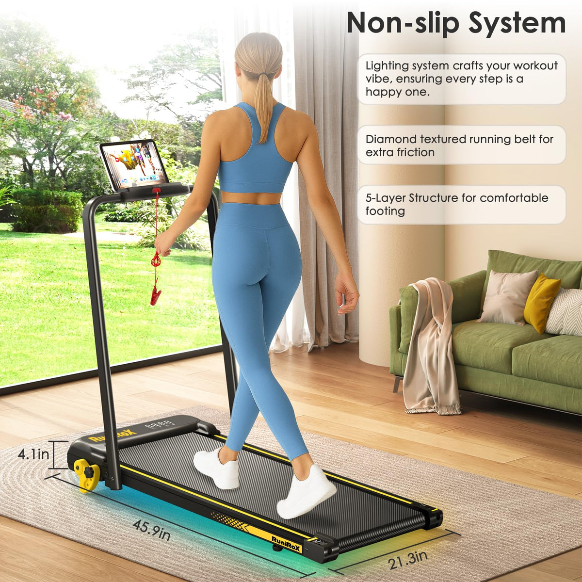 RuniRoX Walking Pad Treadmill with Incline, 3 in 1 Portable with Handle Bar and Lights, Under Desk for Home Office, with LED Display and APP