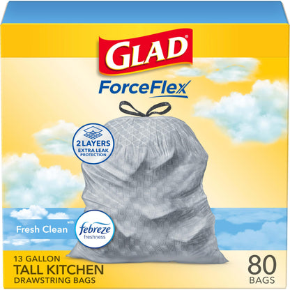 Glad ForceFlex Tall Kitchen Drawstring Trash Bags, 13 Gal, Fresh Clean, 80 Ct (Package May Vary)