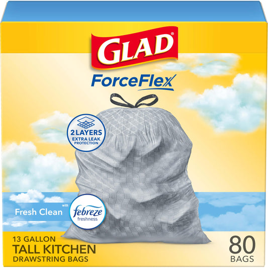 Glad ForceFlex Tall Kitchen Drawstring Trash Bags, 13 Gal, Fresh Clean, 80 Ct (Package May Vary)
