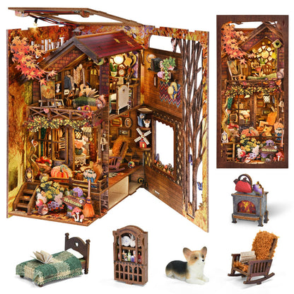 TOYQI Book Nook Kit, Book Nook Kits for Adults, DIY Miniature Dollhouse Kit 3D Wooden Puzzle Booknook Bookend with LED Light