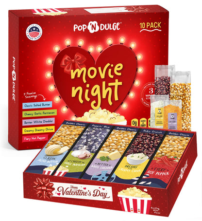 Valentines Day Gifts Movie Night Popcorn Gift Set, Valentines Day Gifts For Her Him, 10 Piece Set, 5 Gourmet Popcorn Kernels and 5 Popcorn Seasoning Flavoring, Kosher, Non-GMO Romantic Movie Night Gift Baskets Idea