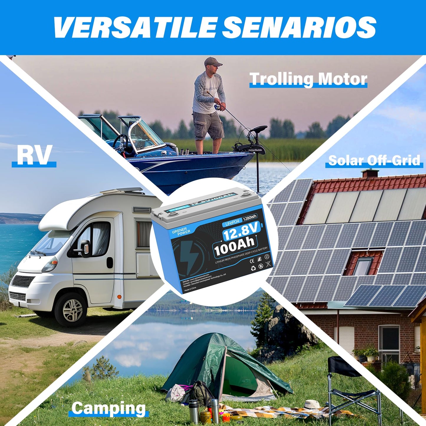GrenerPower 12V 100Ah LiFePO4 Lithium Battery - BCI Group 24 Battery, 15000 Cycles, Built-in Cylindrical Grade A+ Cells & 100A BMS, Ideal for RVs, Trolling Motor, Home Energy Storage, Off-Grid, Boat