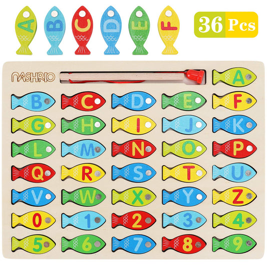 Magnetic Wooden Fishing Game Toy for Toddlers, Alphabet Fish Catching Counting Games Puzzle with Numbers and Letters, Preschool Learning ABC Math Educational Toys 3 4 5 Years Old Girl Boy Kids