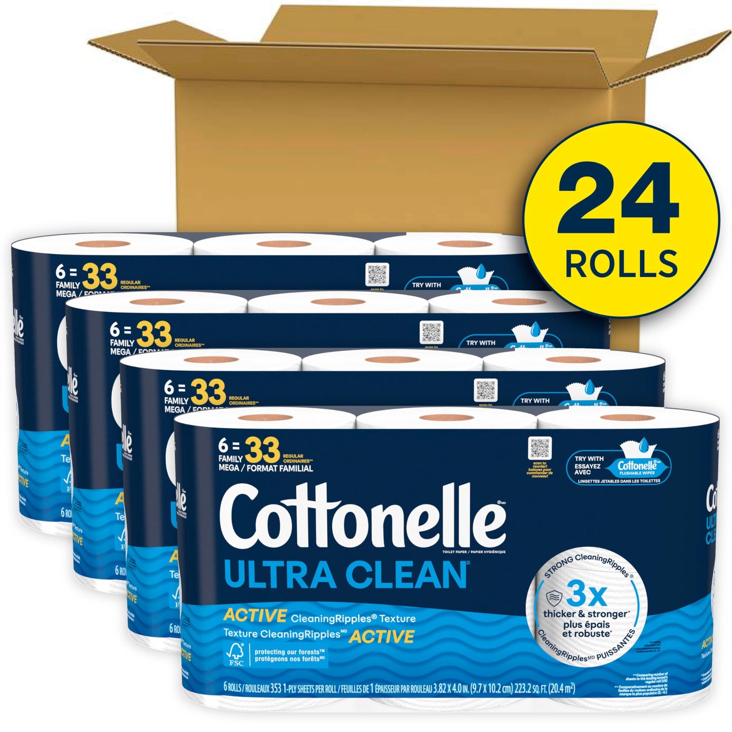 Cottonelle Ultra Clean Toilet Paper with Active CleaningRipples Texture, Strong Bath Tissue, 1-Ply, White, 24 Family Mega = 132 Regular Rolls (4 Packs of 6)