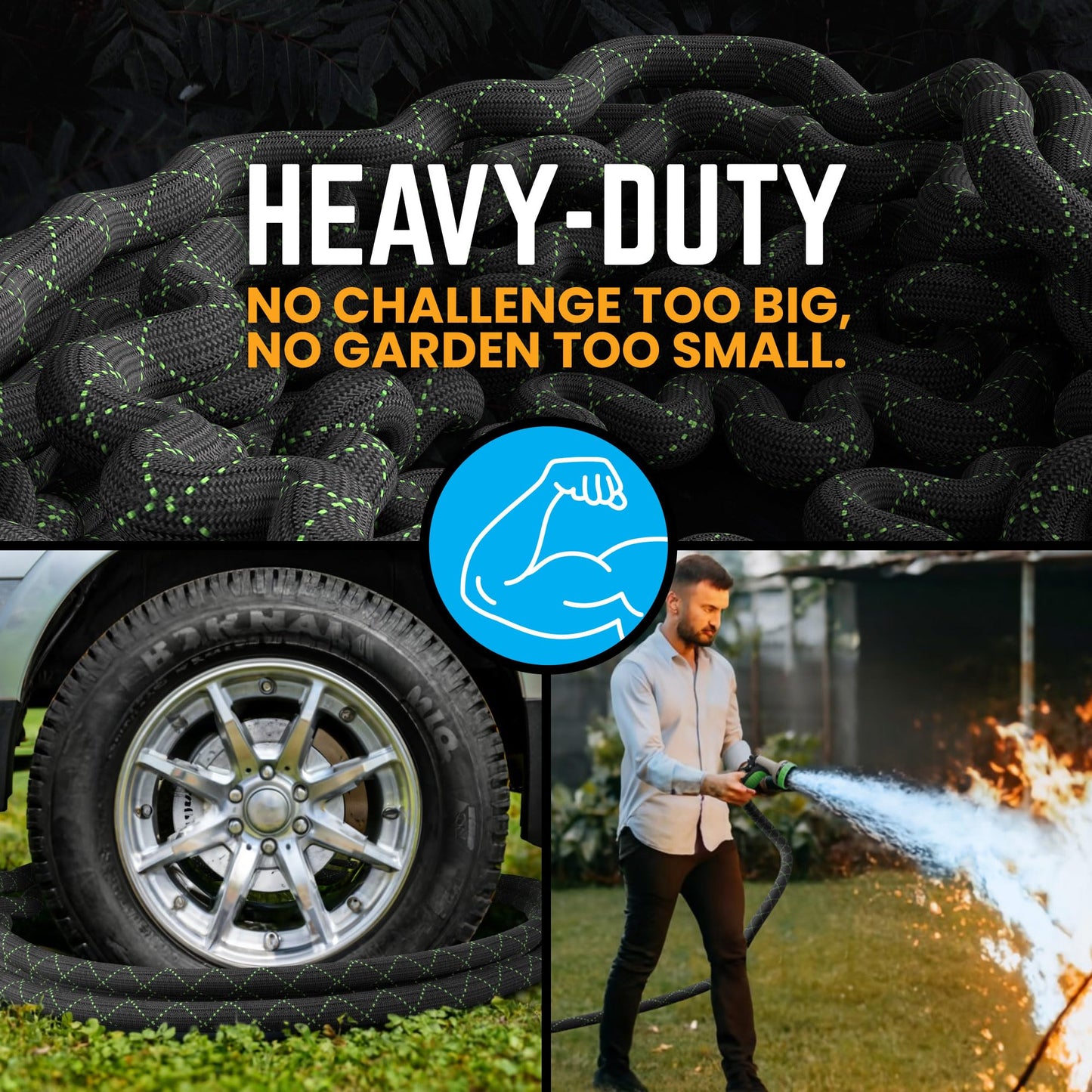 PowerFlow Garden Hose, NON-EXPANDABLE 25 Feet Premium Quality Stainless Steel Metal Water Hose with Durable Fabric Skin, Hose For Commercial, Residential Use, Bonus 10-way Spray Nozzle (25 Ft, Black)