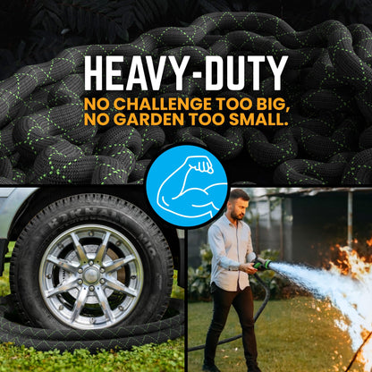 PowerFlow Garden Hose, NON-EXPANDABLE 25 Feet Premium Quality Stainless Steel Metal Water Hose with Durable Fabric Skin, Hose For Commercial, Residential Use, Bonus 10-way Spray Nozzle (25 Ft, Black)