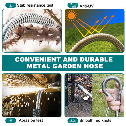 25FT Metal Garden Hose - Stainless Steel, Heavy Duty, Flexible & Lightweight, Never Kink and Tangle, with 10-Function Nozzle, Pressure Resistant for Outdoor Use (Grey)