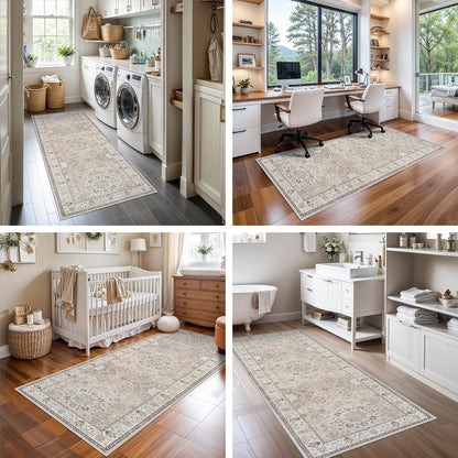 2x6 Hallway Washable Runner Rug : Vintage Soft Kitchen Laundry Runner with Non Slip Backing Farmhouse Entryway Living Room Floor Mat Stain Resistant Carpet for Bedroom Bathroom Distressed Beside Rug