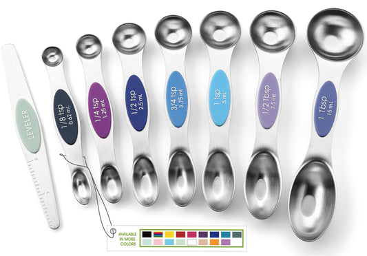 Spring Chef Stainless Steel Magnetic Measuring Spoons Set of 8 with Leveler, Dual Sided Metal Teaspoon & Tablespoon Measuring Spoons, Nesting Kitchen Gadgets for Baking & Cooking - Winter Frost