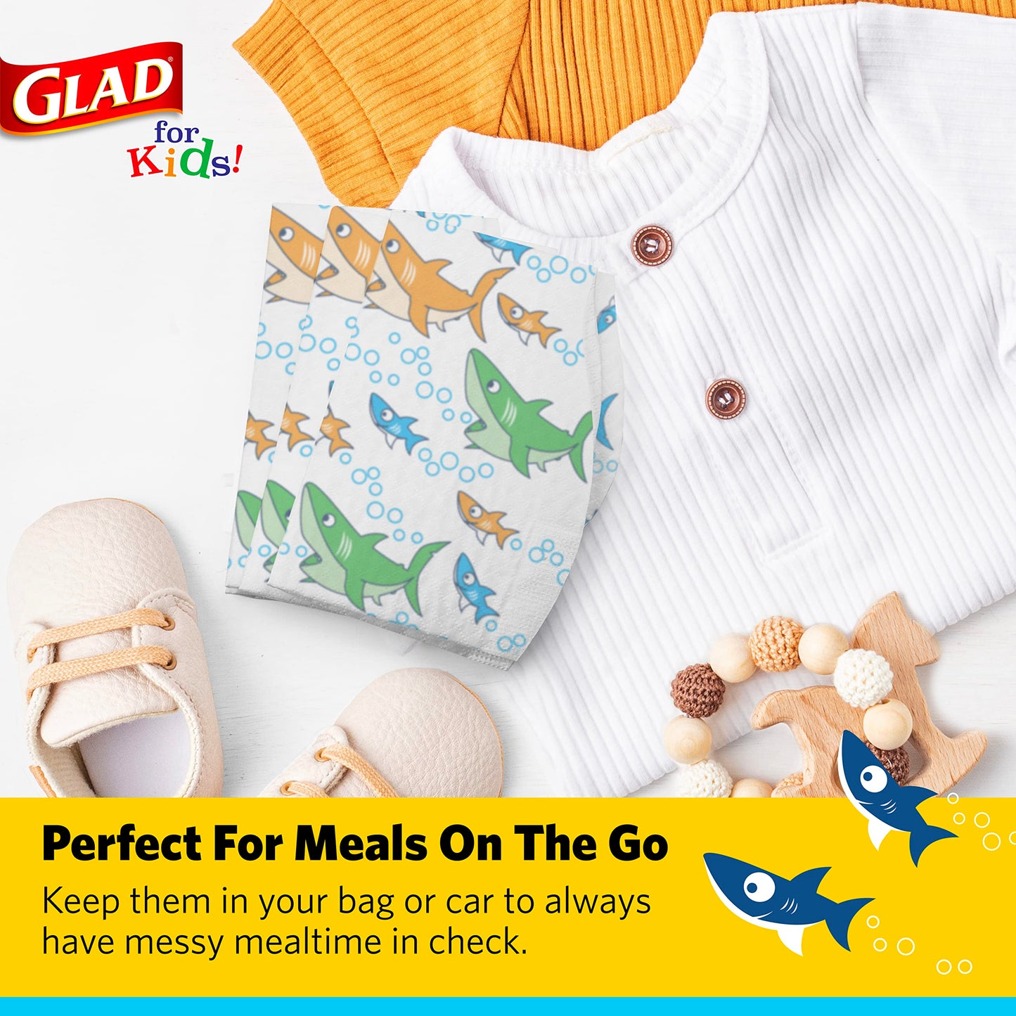 Glad for Kids Shark Paper Disposable Bibs with Crumb Catcher for Feeding - Absorbent and Leakproof Eating and Travel Must Haves for Mess-Free Meals, 30 Count