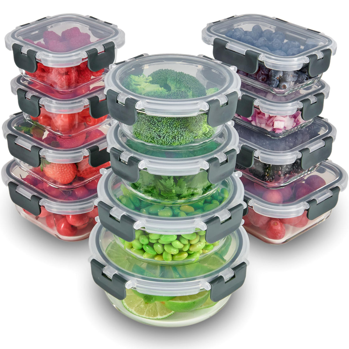 FineDine 24 Piece Glass Storage Containers with Lids - Airtight, Leak Proof, Dishwasher Safe, Glass Tupper Ware Sets with Lids, Food Storage Containers, Meal Prep Containers, Gray