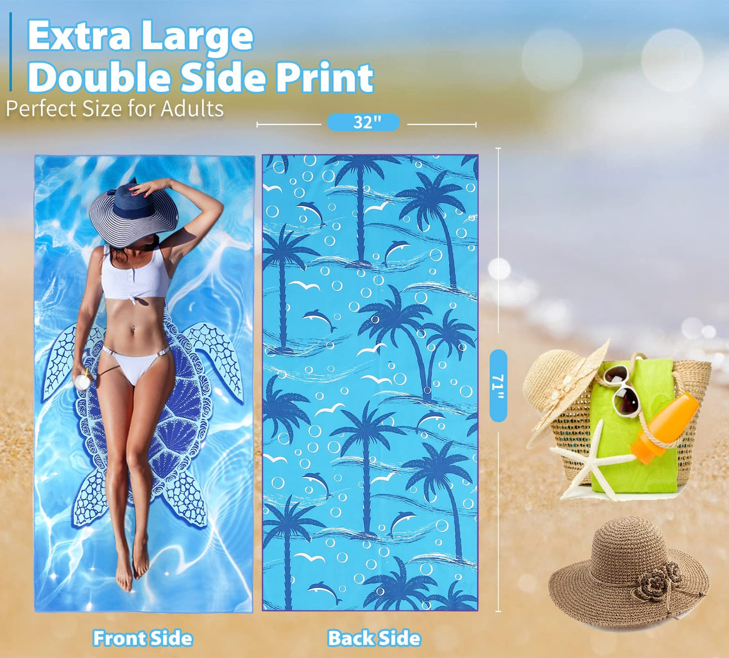 TwoYek Microfiber Thin Beach Towel Lightweight Oversized 71x32 Extra Large Sand Free Towels Quick Dry for Travel Pool Camping Sports Beach Accessories Vacation Essential Gift Turtle