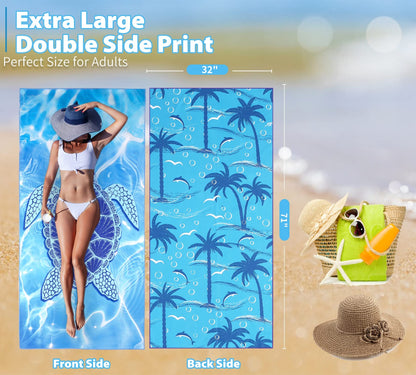 TwoYek Microfiber Thin Beach Towel Lightweight Oversized 71x32 Extra Large Sand Free Towels Quick Dry for Travel Pool Camping Sports Beach Accessories Vacation Essential Gift Turtle
