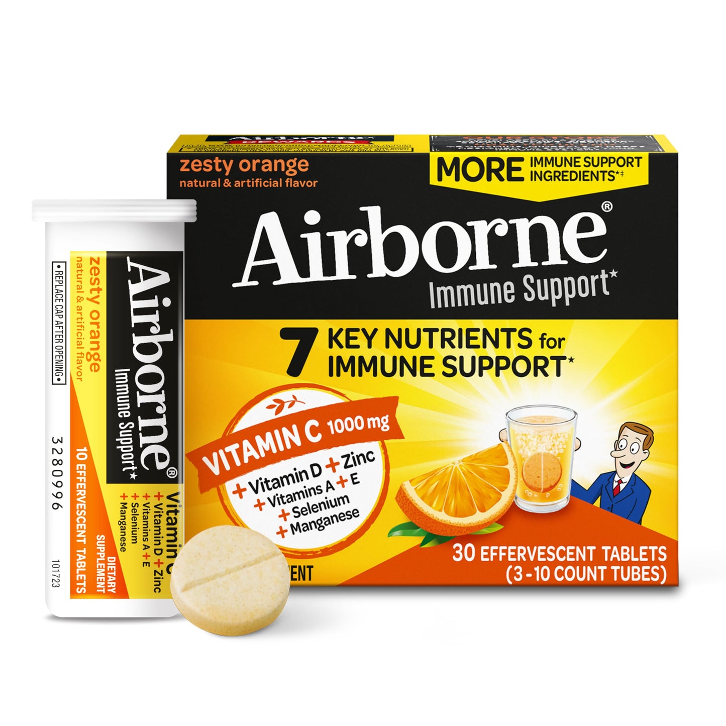 Airborne 1000mg Vitamin C with Vitamin D & Zinc, Sugar Free Multivitamin Immune Support Supplement, Antioxidants Vitamins A C & Vitamin E, 30 Effervescent Tablets, Zesty Orange Flavor