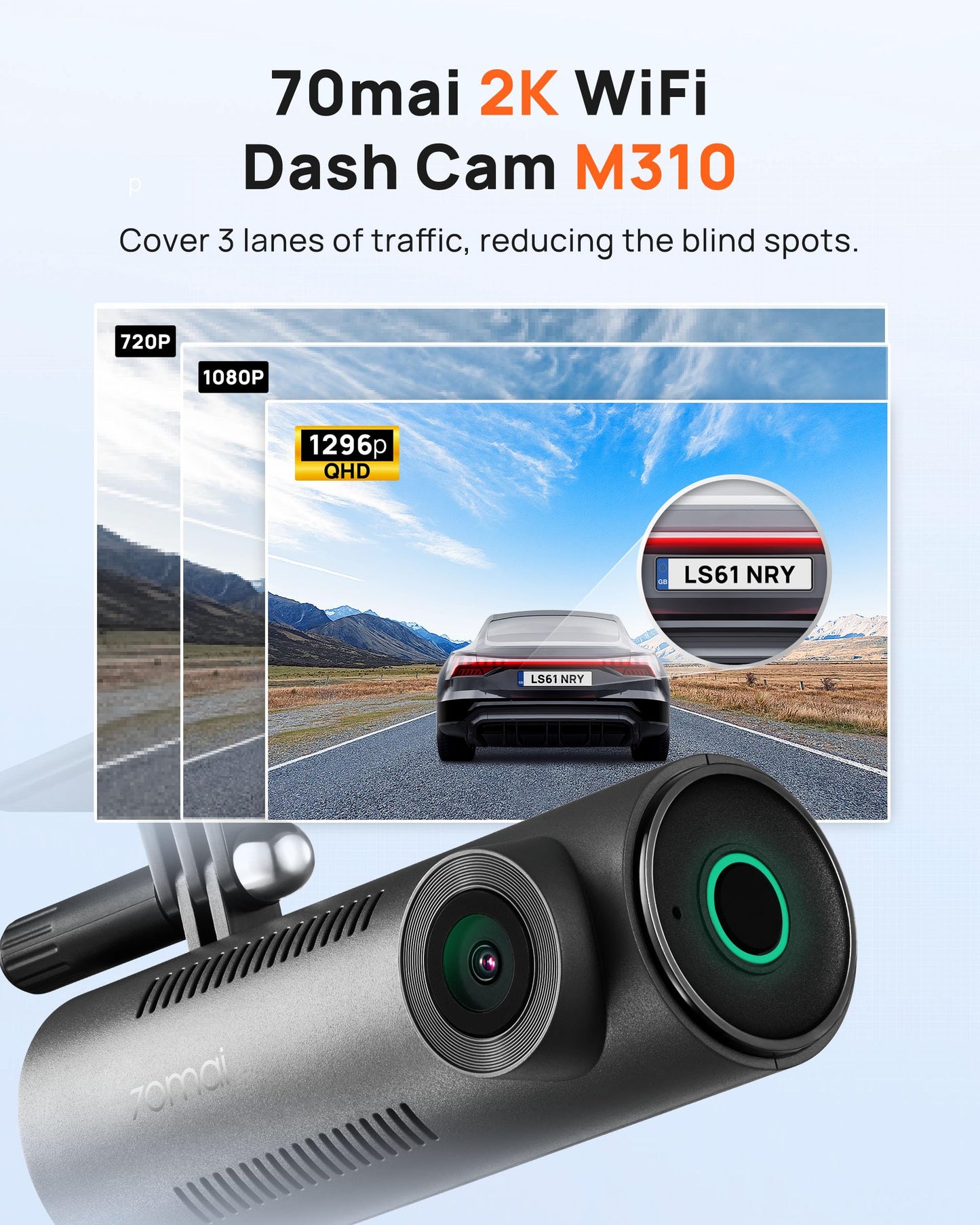 70mai Dash Cam M310, Dash Camera for Cars 1296P QHD, Smart Dash Cam Front Built in WiFi, 130° Wide-Angle FOV, WDR, Night Vision, iOS/Android Mobile App, Loop Recording, Parking Monitor, Time-Lapse