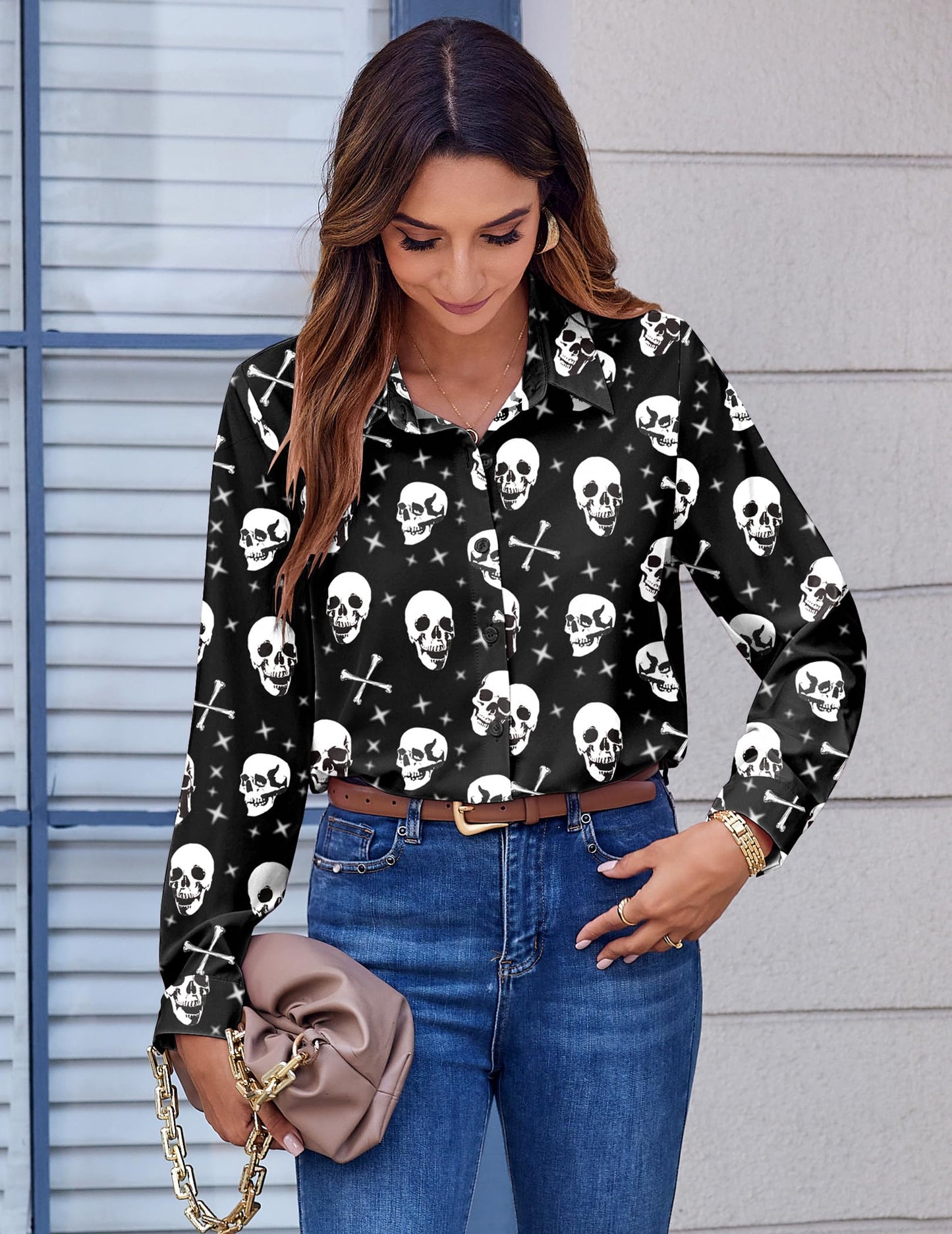 Zeagoo Halloween Shirts for Women Dressy Casual Classic Button Down Blouse Skeleton Graphic Tops Funny Clothes