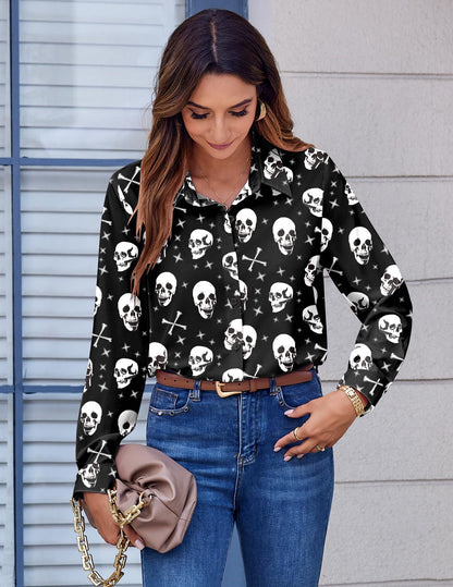 Zeagoo Halloween Shirts for Women Dressy Casual Classic Button Down Blouse Skeleton Graphic Tops Funny Clothes
