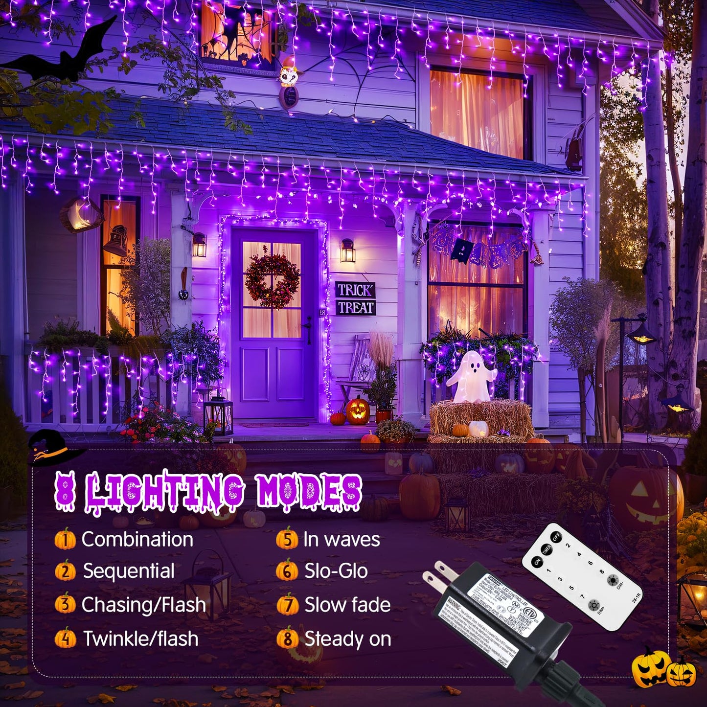 JMEXSUSS Purple Halloween Icicle Lights, 38.8 FT 400 LED Icicle Light Outdoor Waterproof, 8 Modes Purple Halloween Lights with 80 Drops Plug in for House Christmas Party Decorations