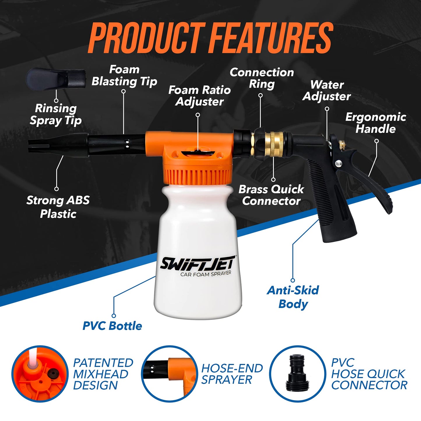 SwiftJet Car Wash Foam Gun + Microfiber Wash Mitt - Foam Cannon Works with Any Soap - Garden Hose Car Foam Sprayer - Car Wash Kit - Car Accessories Foam Blaster (Orange Foam Gun with Mitt)