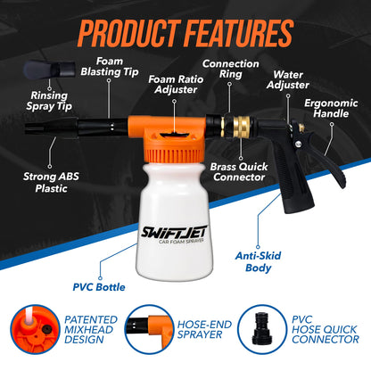 SwiftJet Car Wash Foam Gun + Microfiber Wash Mitt - Foam Cannon Works with Any Soap - Garden Hose Car Foam Sprayer - Car Wash Kit - Car Accessories Foam Blaster (Orange Foam Gun with Mitt)