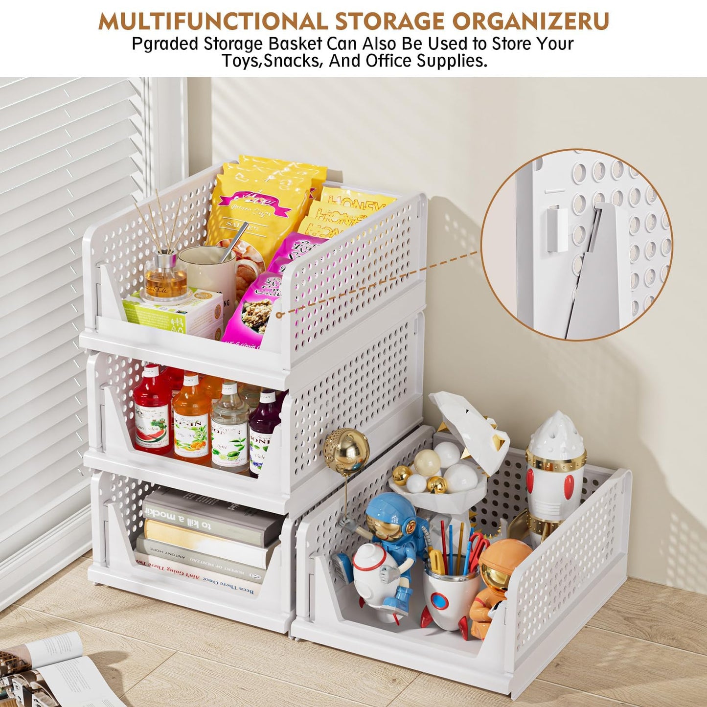 SNSLXH 5 Pack Stackable Closet Storage Basket, Multifunctional & Foldable Closet Organizer for Bathroom Kitchen Laundry Room Wardrobe Storage, Space-Saving Clothes Storage Drawer Organizer, White