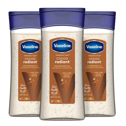 Vaseline Intensive Care Cocoa Radiant Pack of 3 for Glowing Skin Body Gel Oil Made with Pure Cocoa Butter + Replenishing Oils 6.8 oz