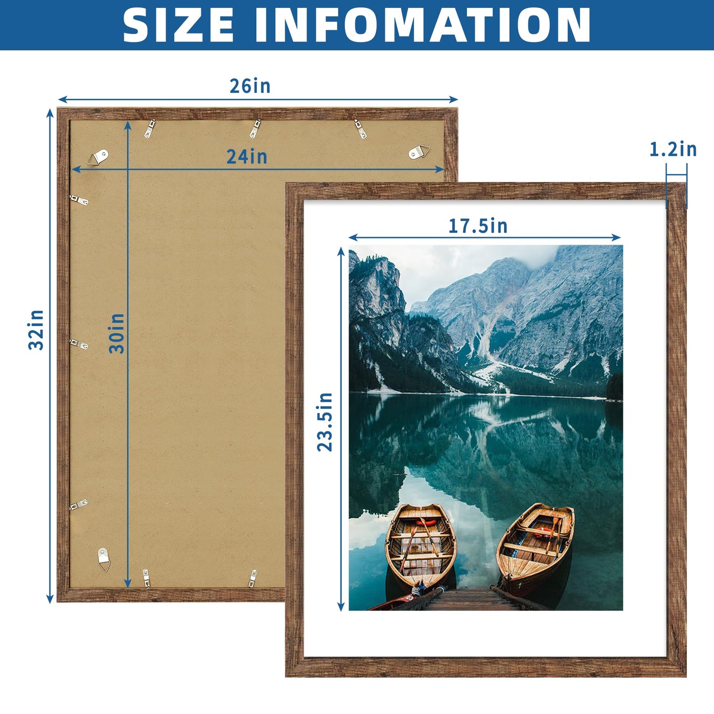 Hongkee 24x30 Frame Set of 2, Rustic Brown Wood Style - Display 18x24 Picture Frame with Mat or 24 x 30 Poster without Mat, Wall Mounting Horizontal and Vertical