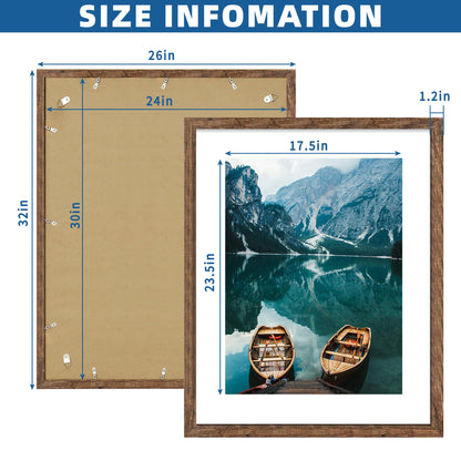 Hongkee 24x30 Frame Set of 2, Rustic Brown Wood Style - Display 18x24 Picture Frame with Mat or 24 x 30 Poster without Mat, Wall Mounting Horizontal and Vertical