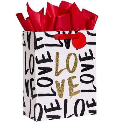SUNCOLOR Large Valentine's Day Gift Bag with Tissue Paper, Black and Gold Love Design, 13 x 10.2 x 4.7 Inches, for Birthday, Mother's Day