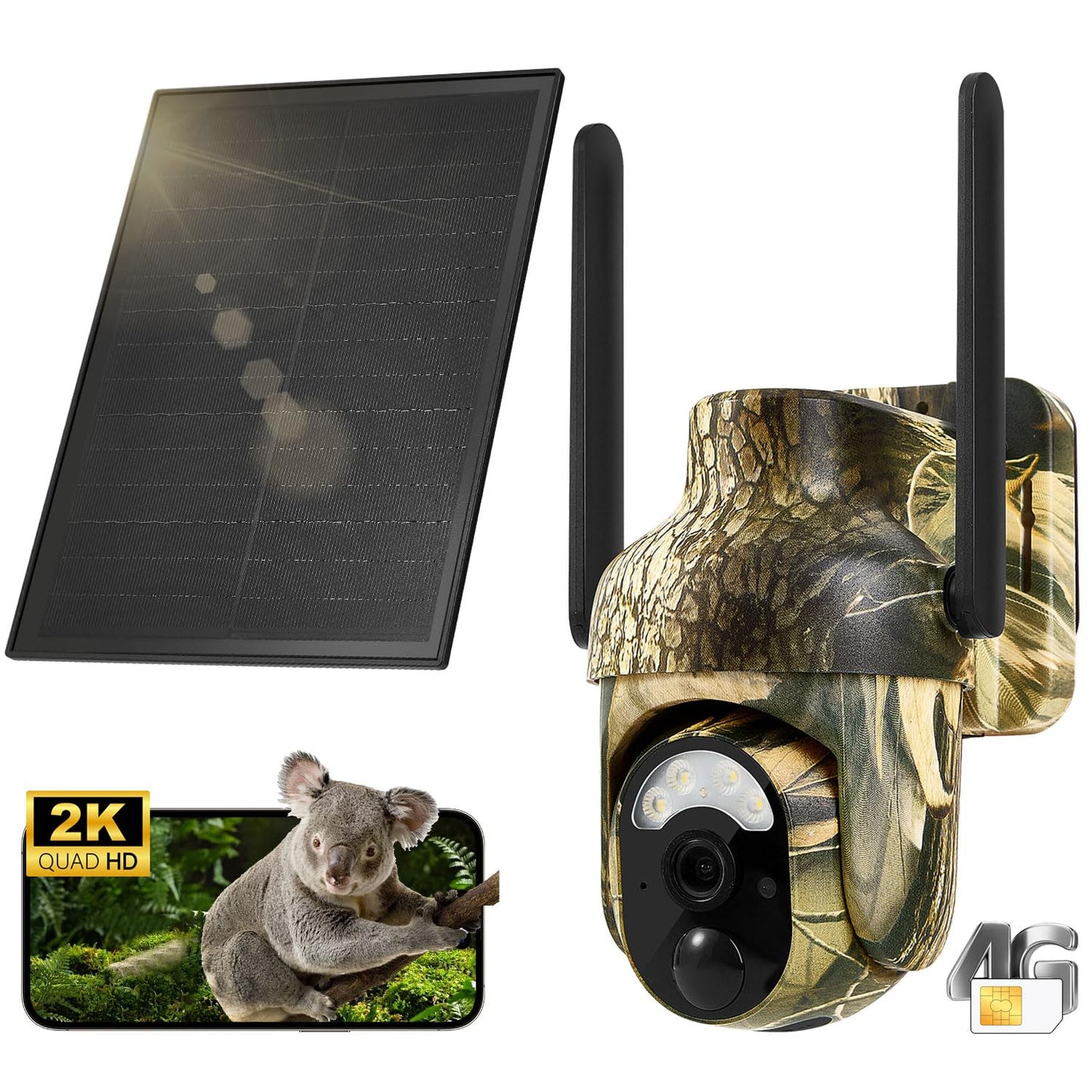4G LTE Cellular Trail Cameras 2K 360° View Live Streaming Game Camera Built-in SIM Card with Motion Activated Color Night Vision Remote Phone Access Solar Powered Trail Camera IP65 Waterproof