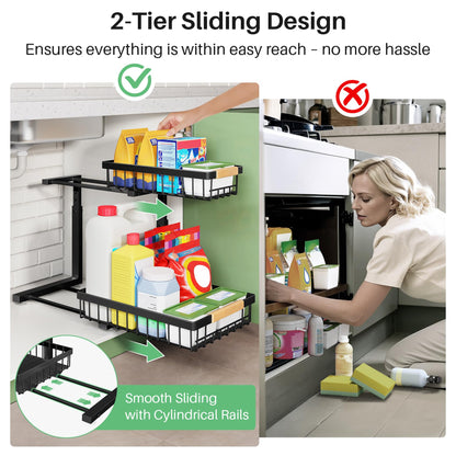 Under Sink Organizer, 2 Packs 2 Tier Under Sink Organizers and Storage, Slide out Pull out Cabinet Organizer Shelf, Metal Sliding Drawer for Kitchen Bathroom Pantry Cabinet Closet Organization Rack