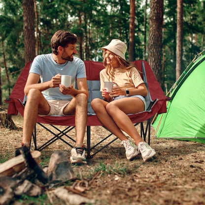 Youtanic Oversized Camping Chair, Double Folding Loveseat Camping Couch with Pocket, Cup Holder and Carry Bag, Heavy Duty Portable Camping Chairs for Adults, Fishing, Sports, Trip, up to 660lbs, Red