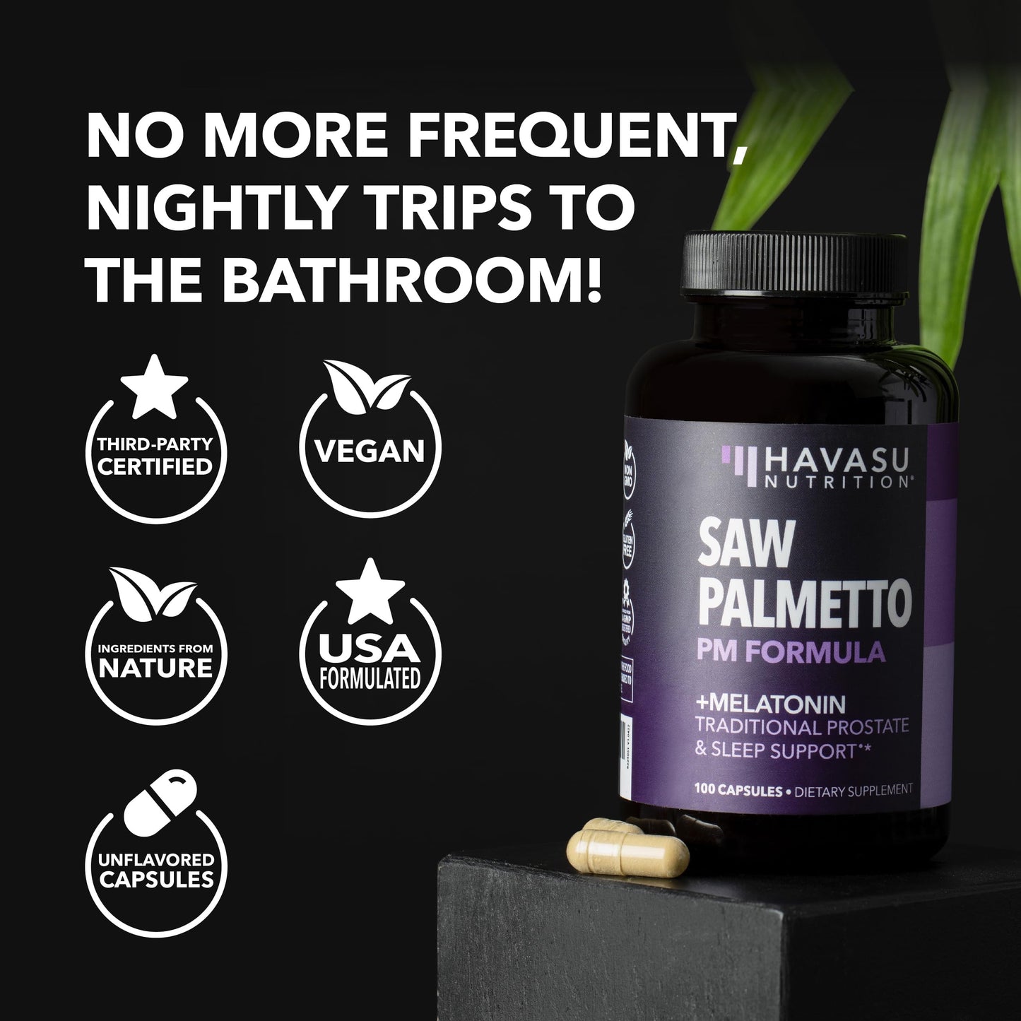 Saw Palmetto PM for Men with Melatonin 3mg - Night Time Prostate Health Supplement for Bladder and Sleep Support - Reduce Urinary Frequency - 100 Count - Vegan, Non-GMO Capsules - Over 3 Month Supply