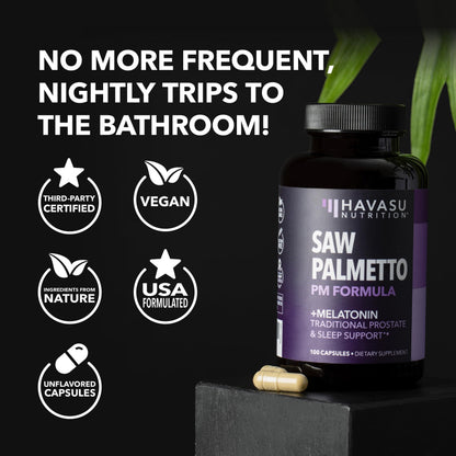 Saw Palmetto PM for Men with Melatonin 3mg - Night Time Prostate Health Supplement for Bladder and Sleep Support - Reduce Urinary Frequency - 100 Count - Vegan, Non-GMO Capsules - Over 3 Month Supply