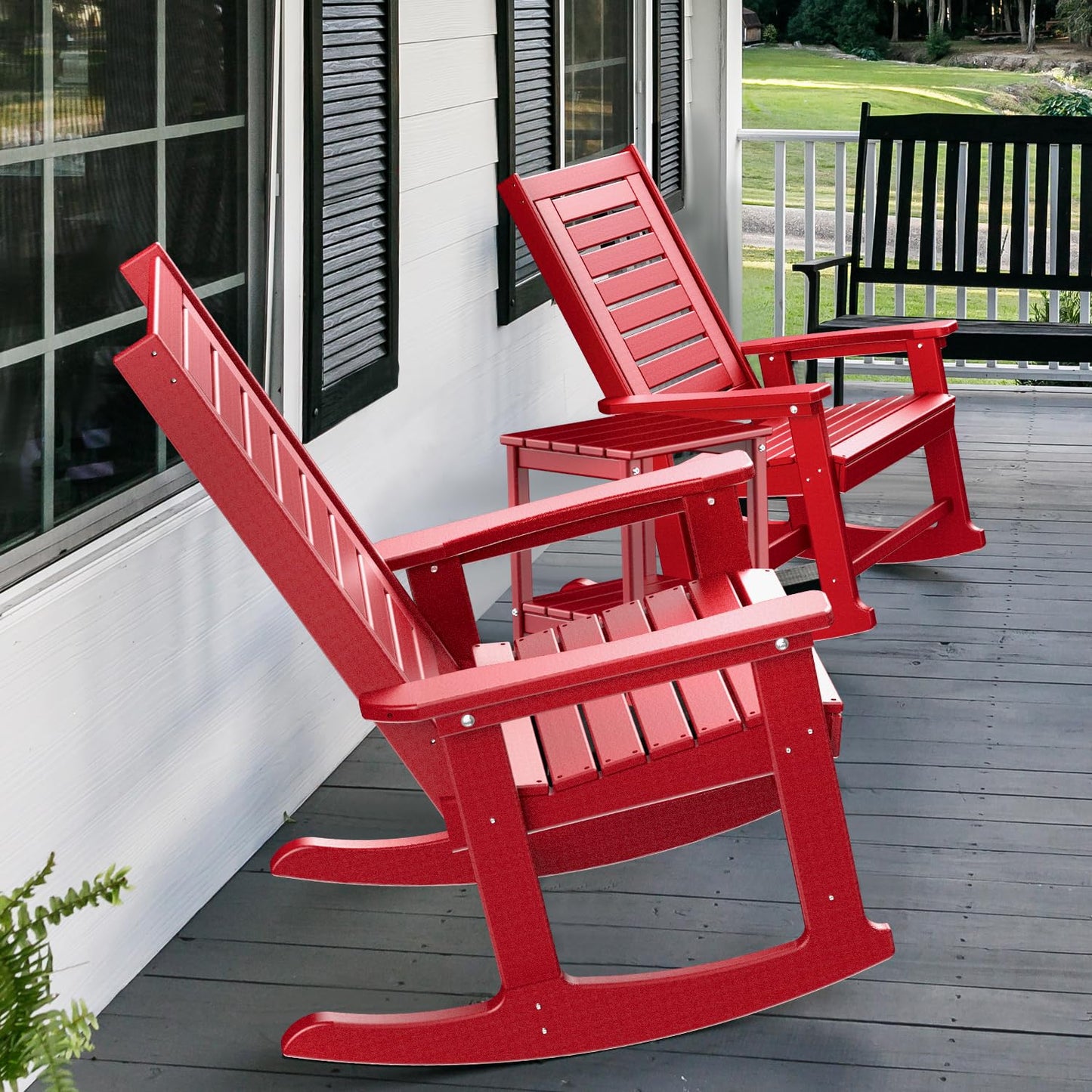 GREENVINES Outdoor Rocking Chairs | Set of 2 | Porch Rocker | HDPE Plastic | Red | Oversized Rockers | High Back | Big & Tall | Ladder Back | for Patio Outside Backyard Balcony
