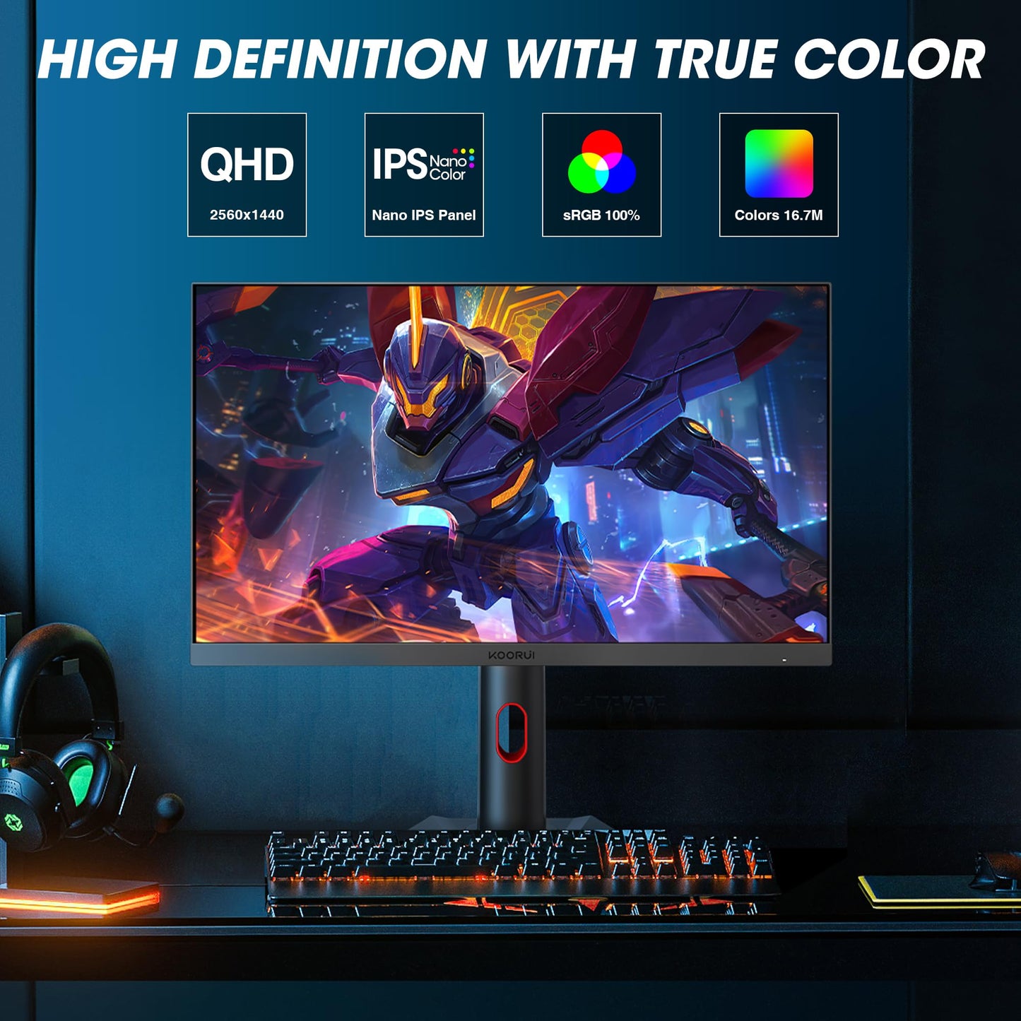KOORUI Gaming Monitor, QHD 24" Nano IPS Monitor, 1440P 165Hz Computer Monitor, 1ms 2K PC Monitor, 100% sRGB, Adaptive Sync, Height/Tilt/Pivot Adjustment, HDMI, DisplayPort, GP01