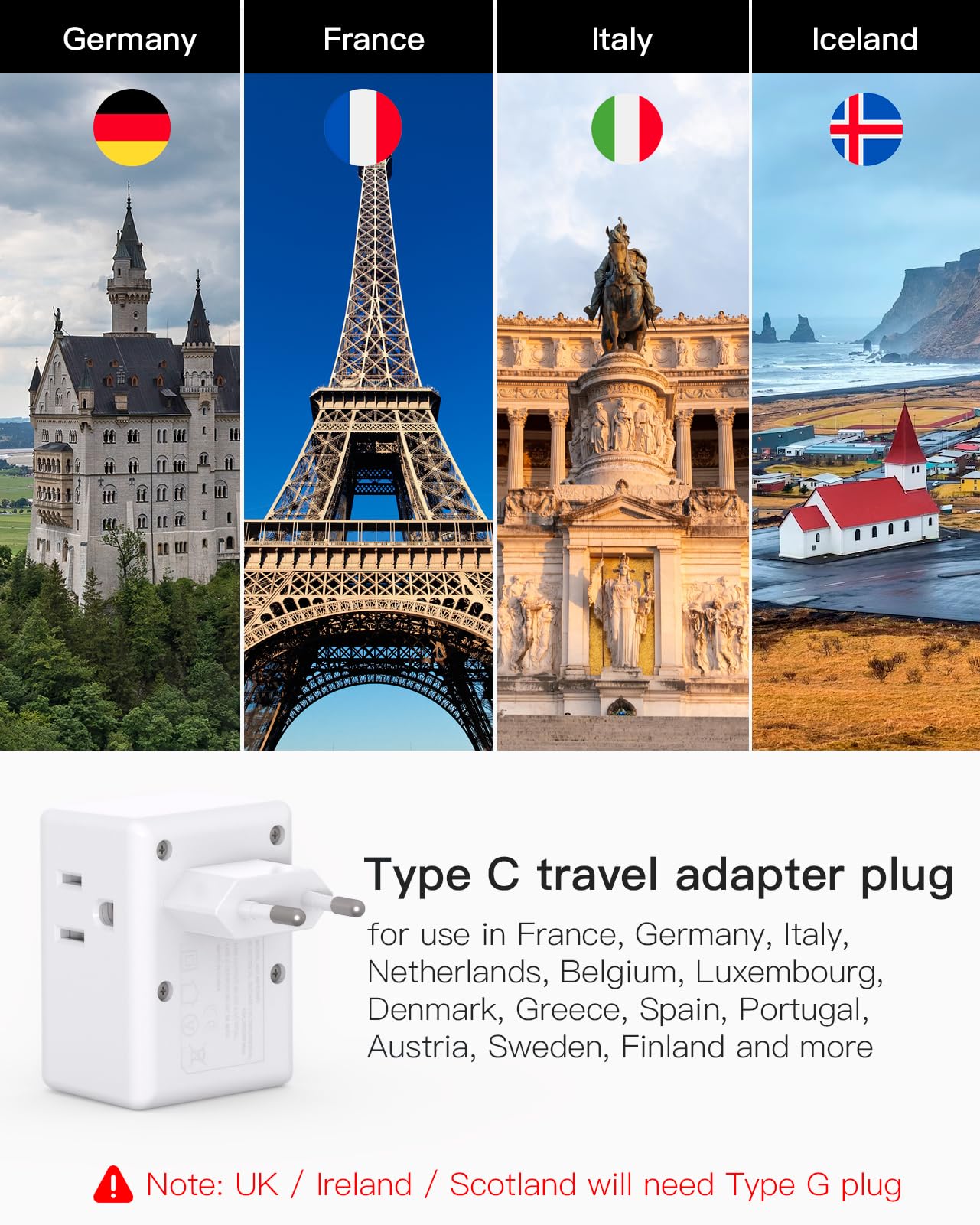 2 Pack European Travel Plug Adapter, International Power Plug Adapter with 3 Outlets 3 USB Charging Ports(2 USB C), Type C Plug Adapter Travel Essentials to Most Europe EU Spain Italy France Germany