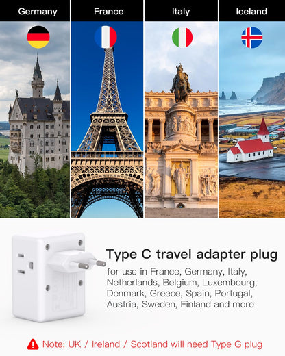 2 Pack European Travel Plug Adapter, International Power Plug Adapter with 3 Outlets 3 USB Charging Ports(2 USB C), Type C Plug Adapter Travel Essentials to Most Europe EU Spain Italy France Germany