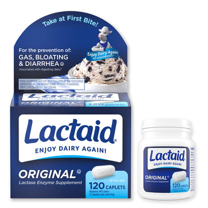 Lactaid Original Strength Lactose Intolerance Relief Caplets with Natural Lactase Enzyme, Dietary Supplement to Help Prevent Gas, Bloating & Diarrhea Due to Lactose Sensitivity, 120 ct