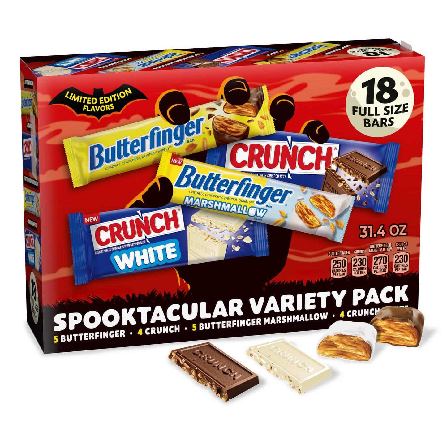 Butterfinger, CRUNCH, Butterfinger Marshmallow, CRUNCH White, Bulk Candy Bar Variety Pack Full Size, 18-Count, 31.4 oz
