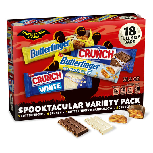 Butterfinger, CRUNCH, Butterfinger Marshmallow, CRUNCH White, Bulk Candy Bar Variety Pack Full Size, 18-Count, 31.4 oz