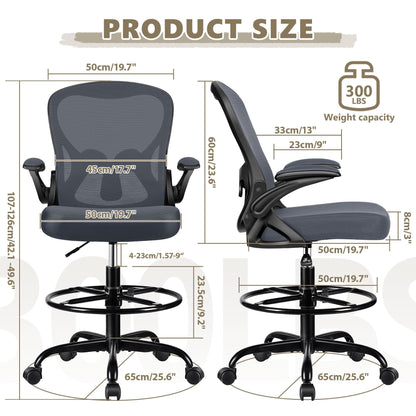 Winrise Drafting Chair, Tall Office Chair Ergonomic Standing Desk Chair, Lumbar Support Computer Chair Swivel Task Rolling Chair with Adjustable Flip-up Armrests & Foot Ring (Dark Gray)