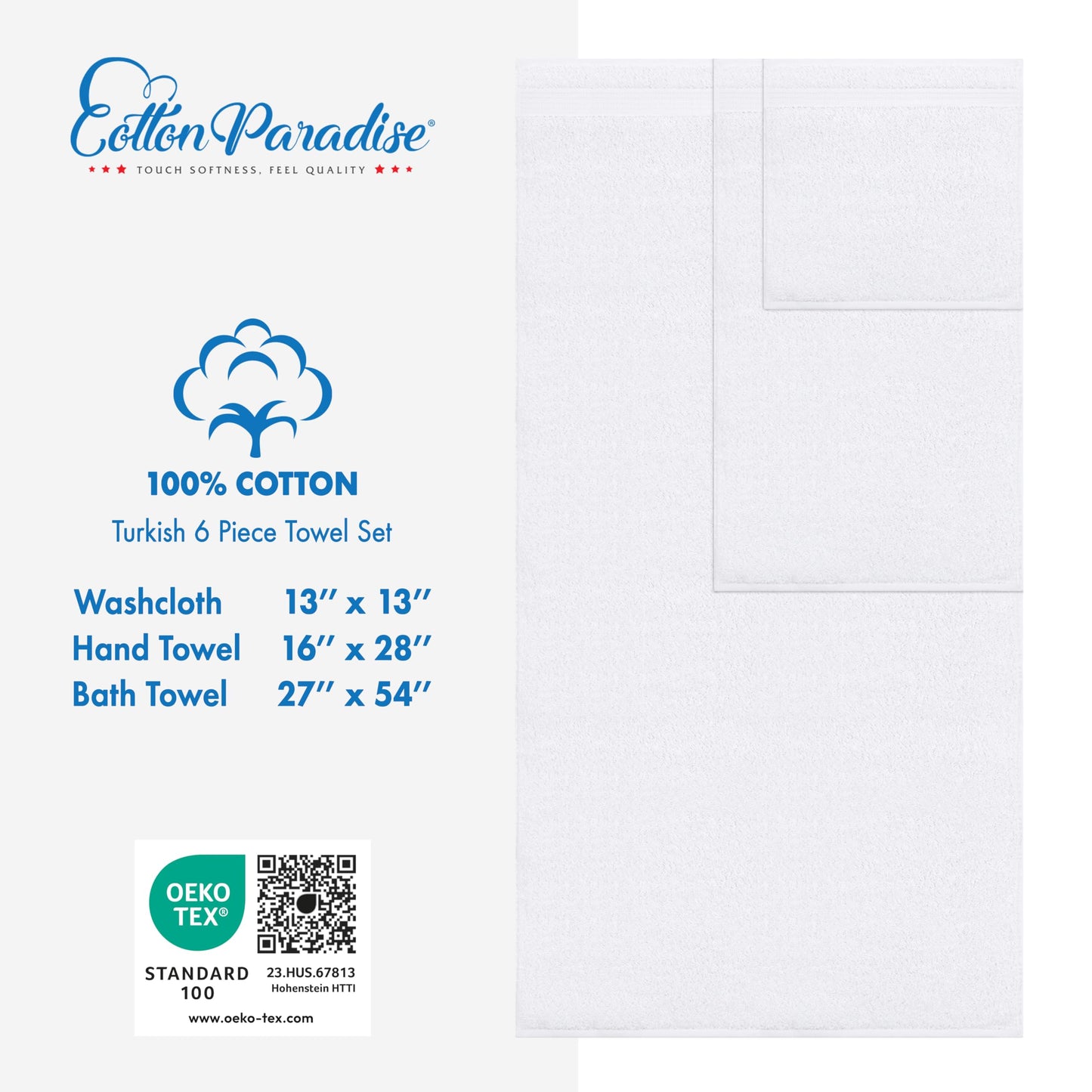 Cotton Paradise 6 Piece Towel Set, 100% Cotton Soft Absorbent Turkish Towels for Bathroom, 2 Bath Towels 2 Hand Towels 2 Washcloths, White Towel Set