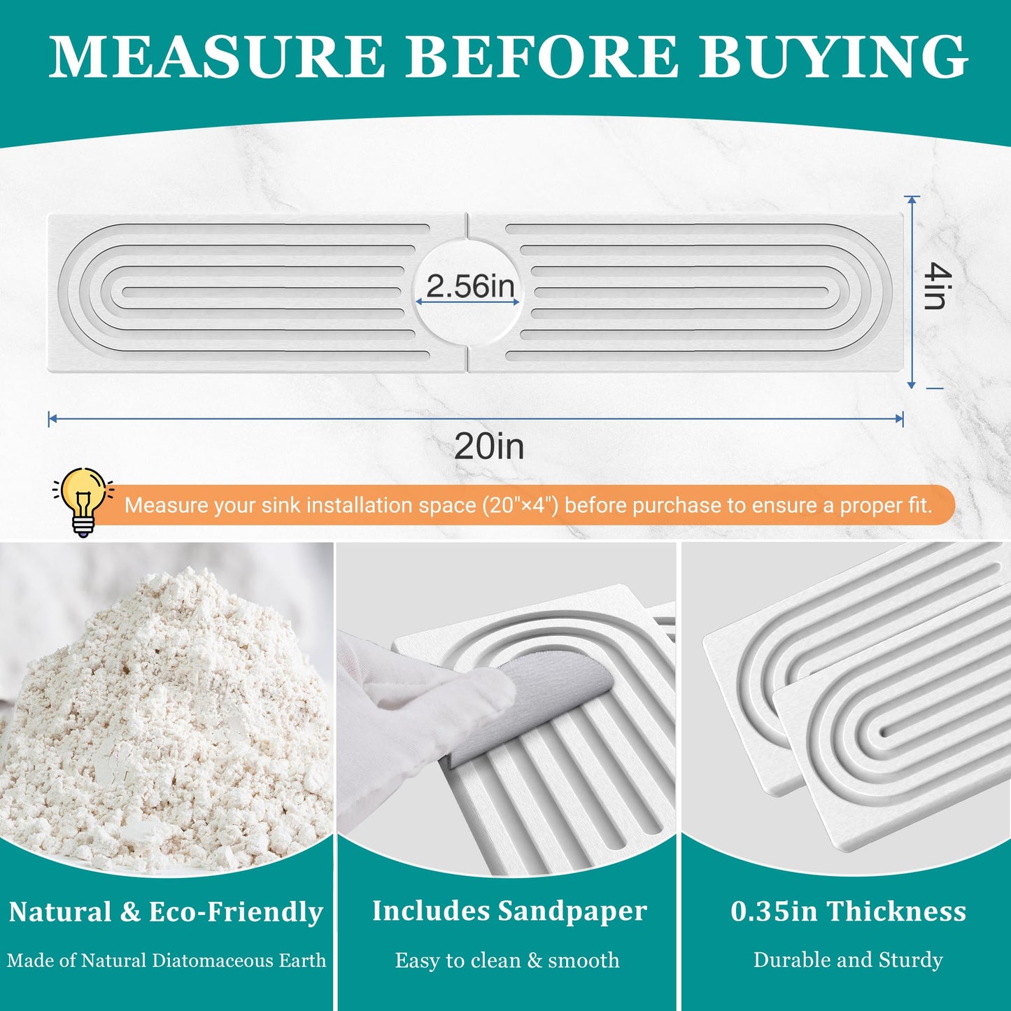 MAGKOTA Stone Faucet Mat for Kitchen Sink - Quick Dry Diatomite Sink Splash Guard, Prevents Moisture Buildup & Water Stains, Water Absorbing Stone Tray for Bathroom Countertop (White, 20" x 4")